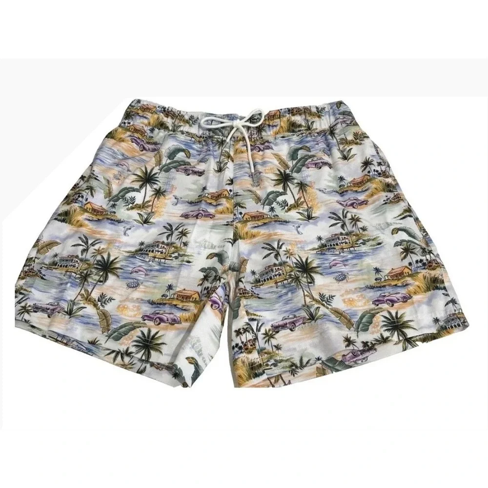 Robert Graham Swim Trunks Mens XL White Tropical Scenic Print Regular Fit New
